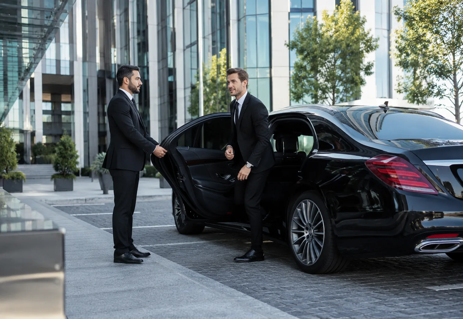 Executive passenger arriving by chauffeured sedan for a business meeting in Perth