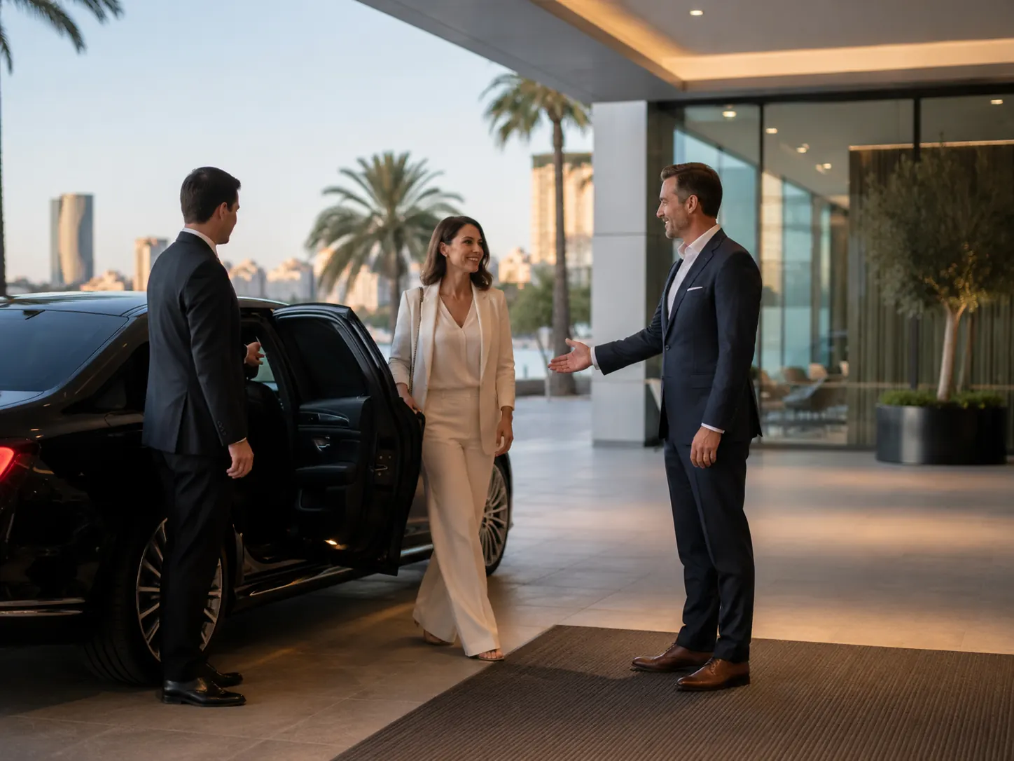 Host welcoming an invited guest beside a chauffeured vehicle