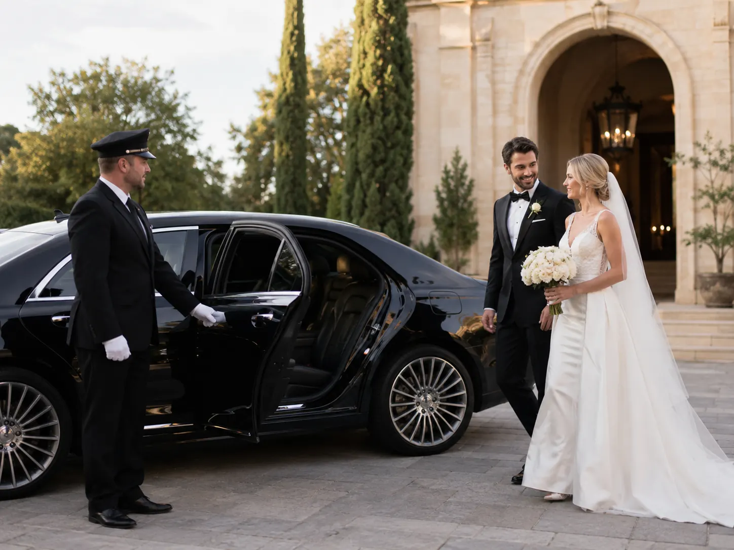 Wedding guests beside a chauffeured vehicle in Perth